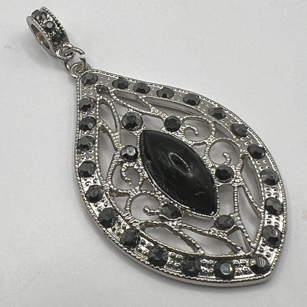 Large Silver Tone Pendant Dark Purple Black Stones Teardrop